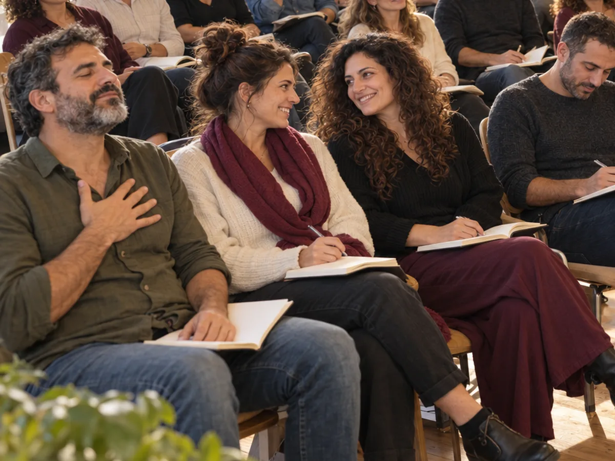 המחשה של כנס בוטיק: משתתפים כותבים במחברות, מחייכים ומתרגשים